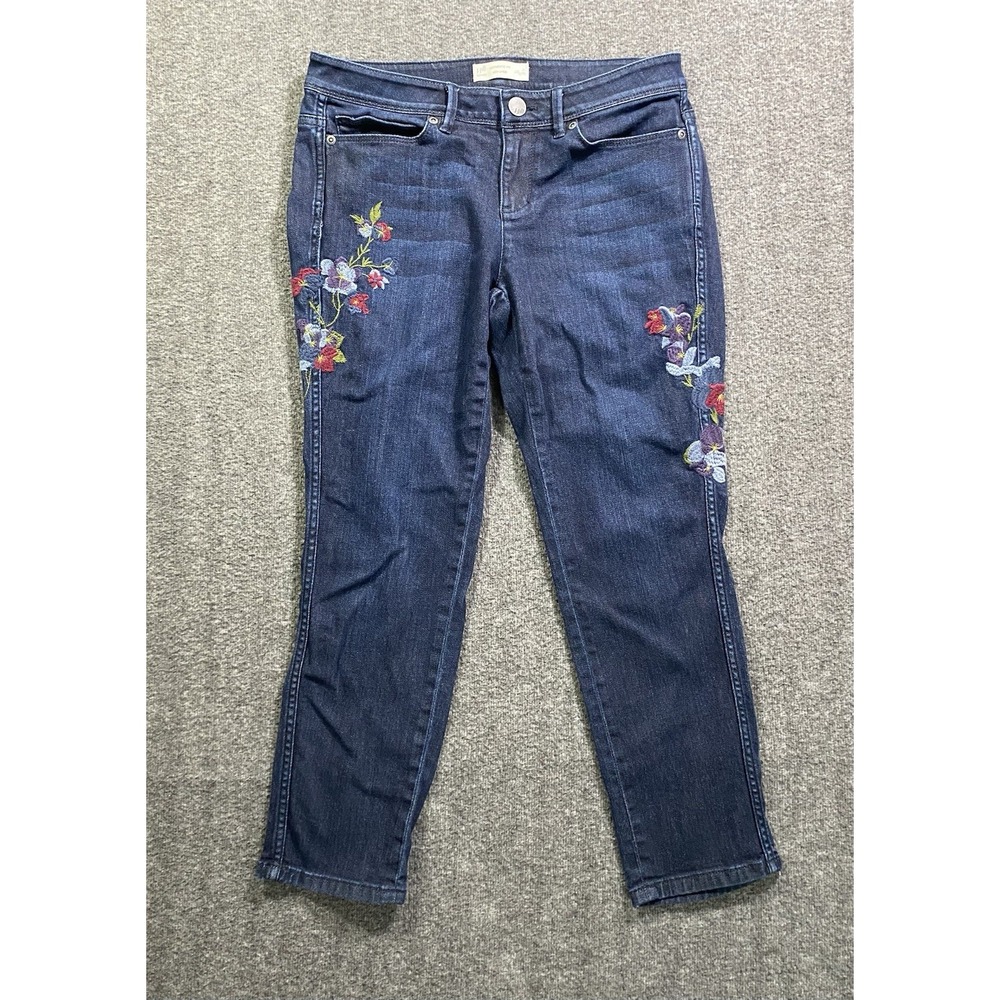 J Jill Women Slim Ankle  Jeans Denim High Rise Stretch Size 6P Floral Embroidery